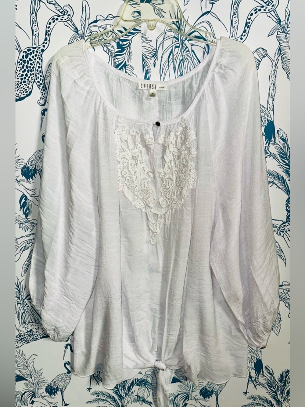 Spense White Crochet-Front Tie Hem Peasant Tunic